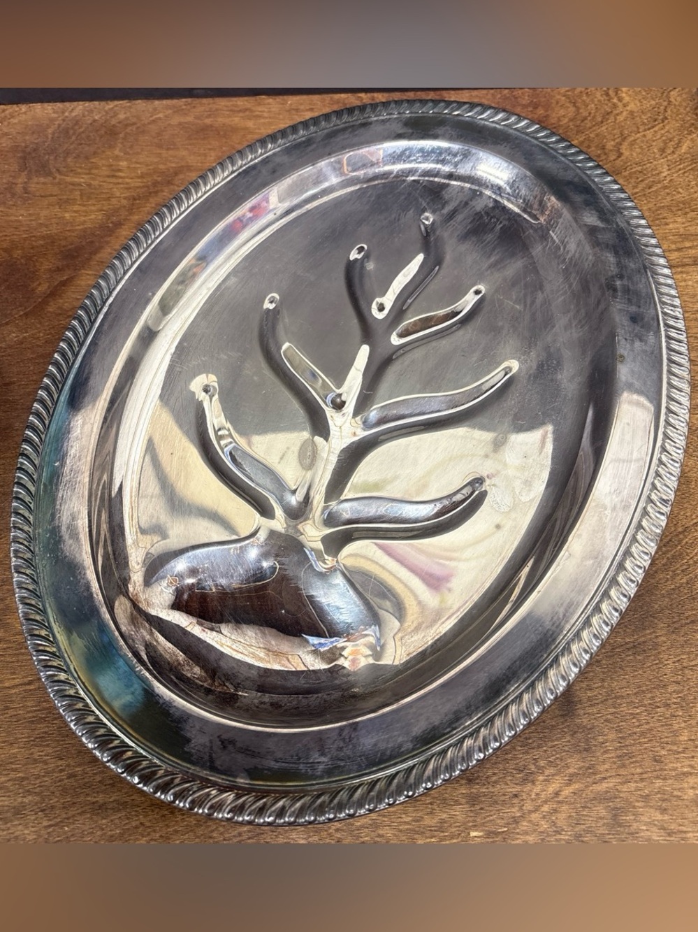 Silver Plated Deer Antler Serving Footed Platter - Polished Metal
